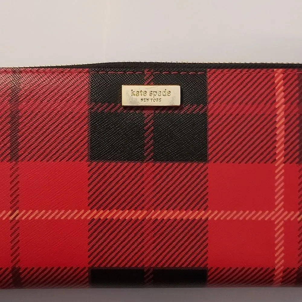 Kate Spade Red Plaid Wallet Saffiano leather zip around